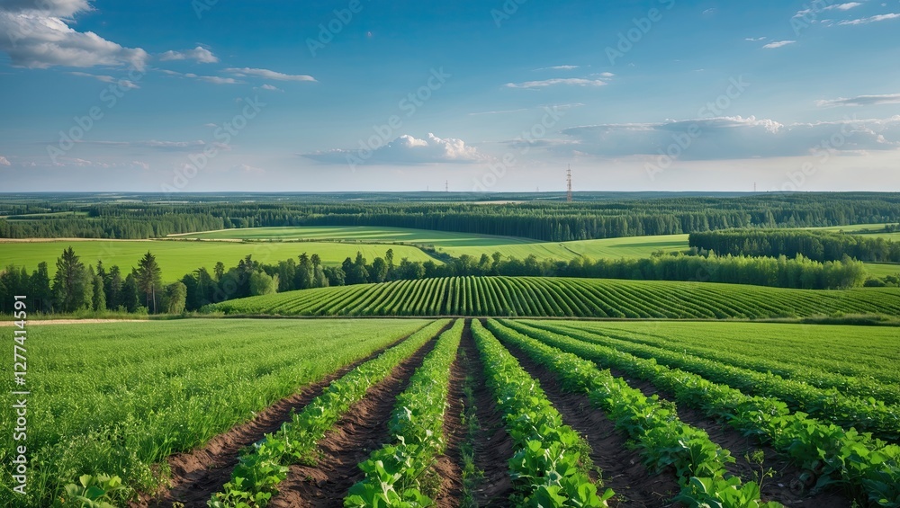 Expansive view of lush green fields under a clear blue sky, showcasing neatly arranged crops and a distant horizon Expansive view of lush green fields under a clear blue sky, showcasing neatly arranged crops and a distant horizon