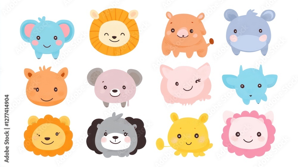 Cute cartoon animal faces, various species, happy expressions, childlike design. Cute cartoon animal faces, various species, happy expressions, childlike design.