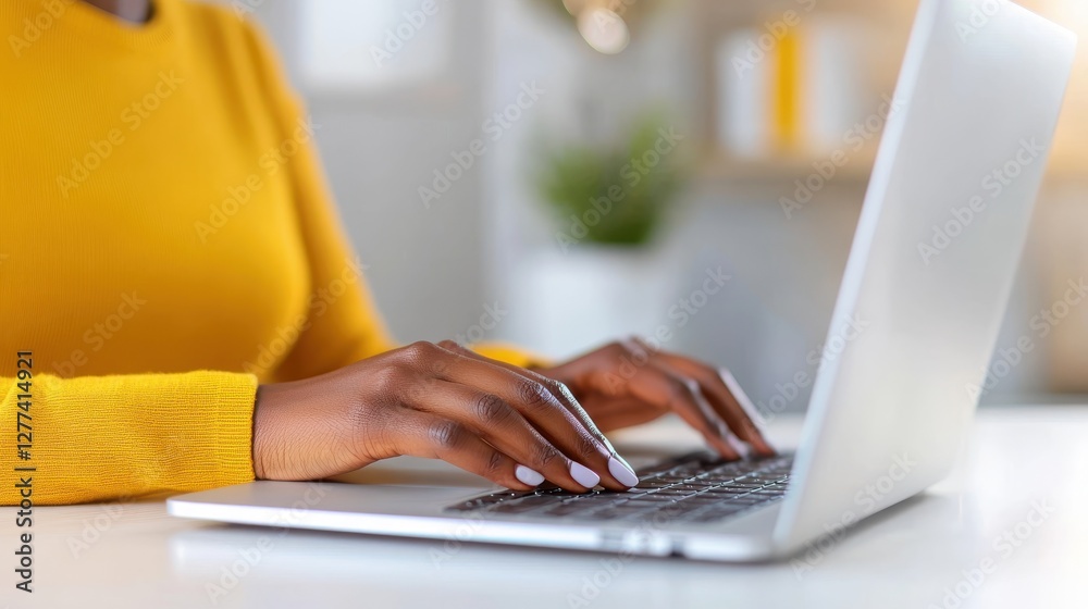 Fototapeta premium Young African woman working diligently on her laptop at home office