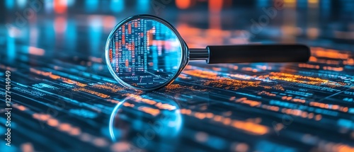 Researching and analyzing data with magnifying glass digital analysis business concept data review