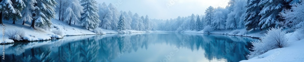 Fototapeta premium Frozen pond with snow-covered trees surrounding it, frozen lake, snowy surroundings, ice