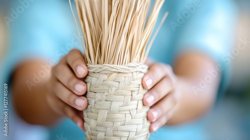 Bamboo basket weaving by an Indian artisan in a serene workshop