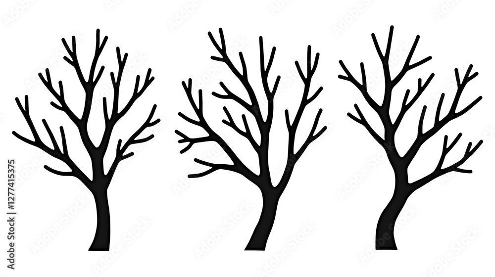 Obraz premium Three stark, leafless trees stand silhouetted against a bright white background, creating a minimalist winter scene.,coloring page
