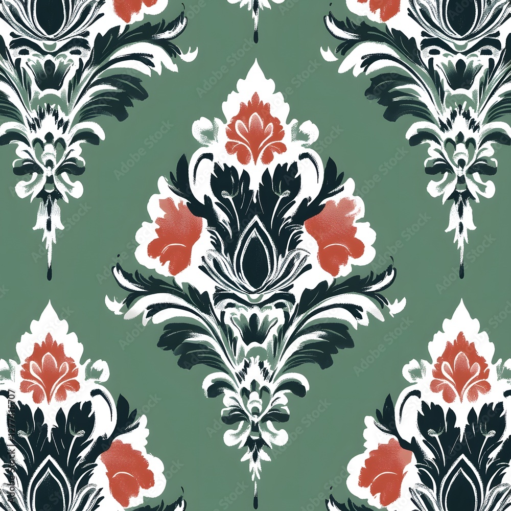 Damask seamless pattern,Ikat floral seamless pattern on green background,vector illustration,Ikat ethnic oriental embroidery,Aztec style,baroque.design for texture,fab,clothing,decoration,fashion,tile Damask seamless pattern,Ikat floral seamless pattern on green background,vector illustration,Ikat ethnic oriental embroidery,Aztec style,baroque.design for texture,fab,clothing,decoration,fashion,tile
