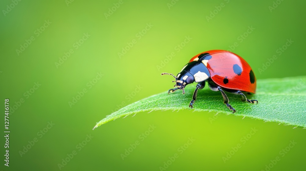 Fototapeta premium Close-up of a vibrant ladybug perched on a green leaf in a lush garden setting (2)