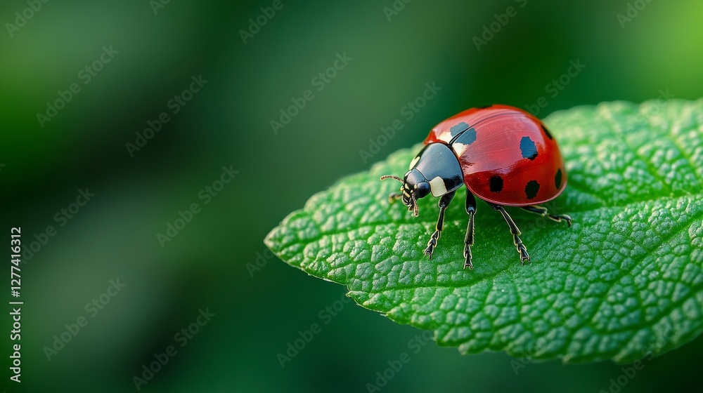 Close-up of a vibrant ladybug perched on a green leaf in a lush garden setting Close-up of a vibrant ladybug perched on a green leaf in a lush garden setting