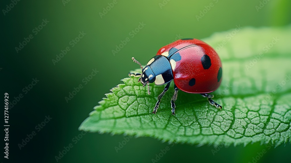 Fototapeta premium Close-up of a vibrant ladybug perched on a green leaf, surrounded by a soft, blurred background