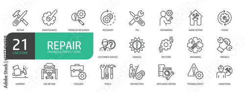 Set Of Repair Line Icons. The set includes a Maintenance, Repairman, Home Repair, Customer Service, Car Repair, Tools, Appliance Repair, and more.