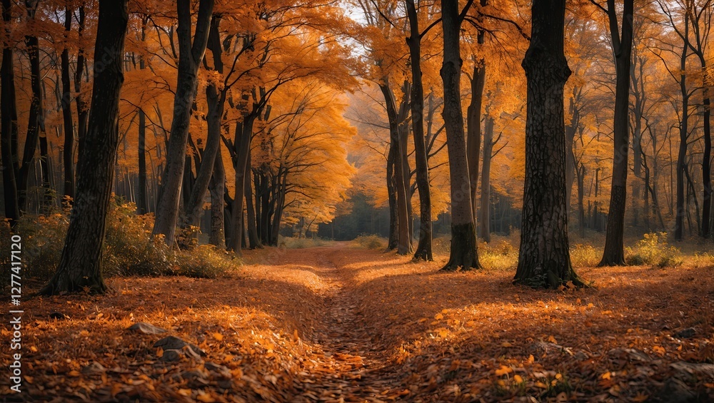 Obraz premium A serene autumn forest pathway covered in orange and yellow leaves amidst tall trees