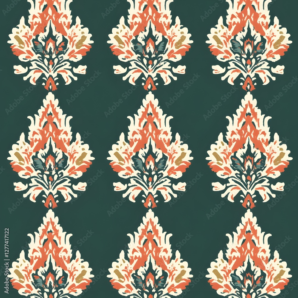 Damask seamless pattern,Ikat floral seamless pattern on green background,vector illustration,Ikat ethnic oriental embroidery,Aztec style,baroque.design for texture,fab,clothing,decoration,fashion,tile Damask seamless pattern,Ikat floral seamless pattern on green background,vector illustration,Ikat ethnic oriental embroidery,Aztec style,baroque.design for texture,fab,clothing,decoration,fashion,tile