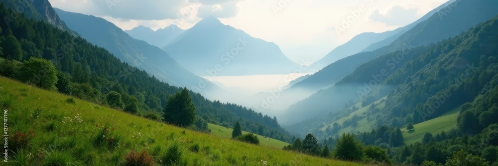 Misty morning in the valley between mountains, , valley Misty morning in the valley between mountains, , valley