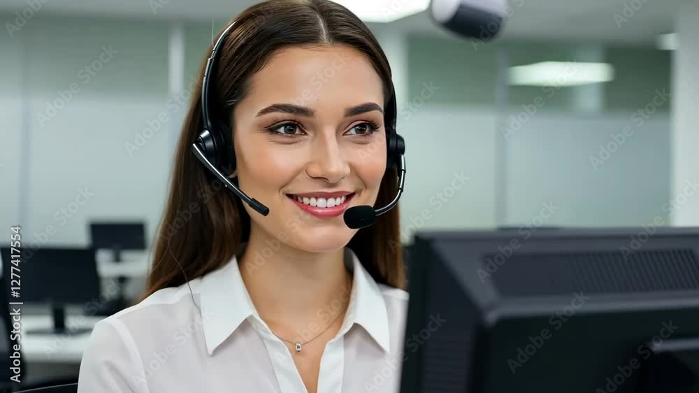 Smiling customer service representative wearing a headset in a professional office Smiling customer service representative wearing a headset in a professional office