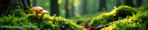 Mossy forest floor with marone mushrooms and ferns, nature, natural, trees