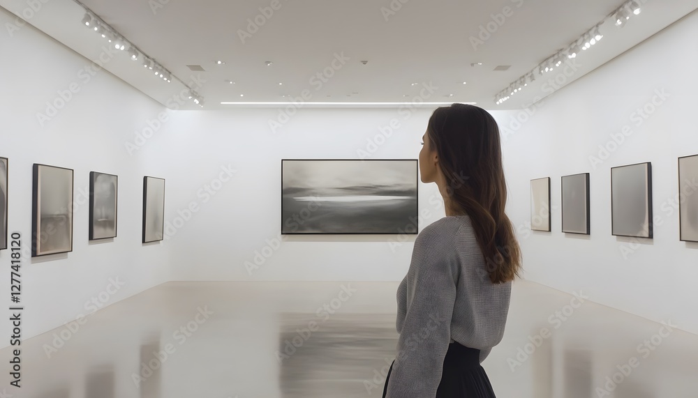 Obraz premium Woman Appreciates Abstract Art Gallery Display