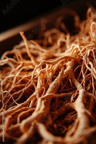 Close-up dried ginseng roots in wooden box