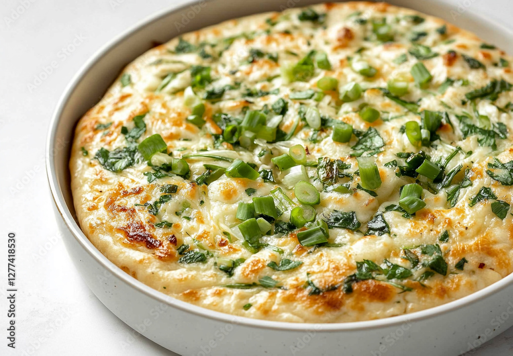 A White Bowl Filled with Garlic and Scallion Naan, Close-Up A White Bowl Filled with Garlic and Scallion Naan, Close-Up