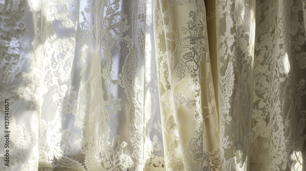 Obraz premium Soft morning sunlight filters through delicate lace curtains, casting a warm and gentle glow that creates a serene and peaceful atmosphere