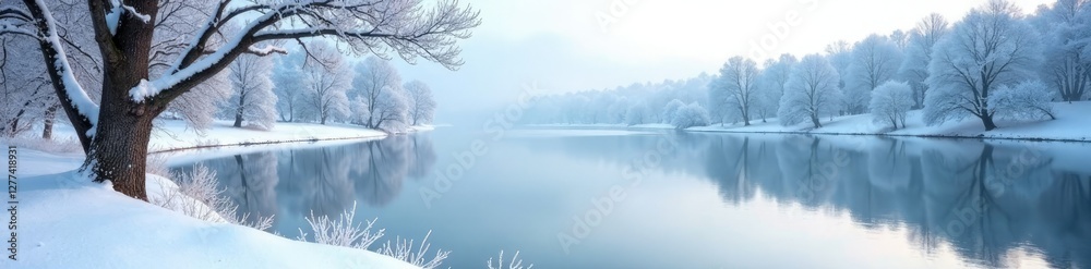 Snow-covered lake with bare trees reflected in calm water, snowy lakes, serene scenes Snow-covered lake with bare trees reflected in calm water, snowy lakes, serene scenes