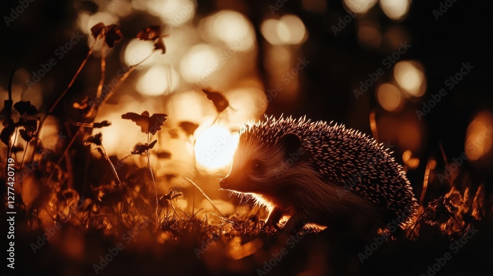 Hedgehog Silhouette At Golden Sunset In Nature Hedgehog Silhouette At Golden Sunset In Nature