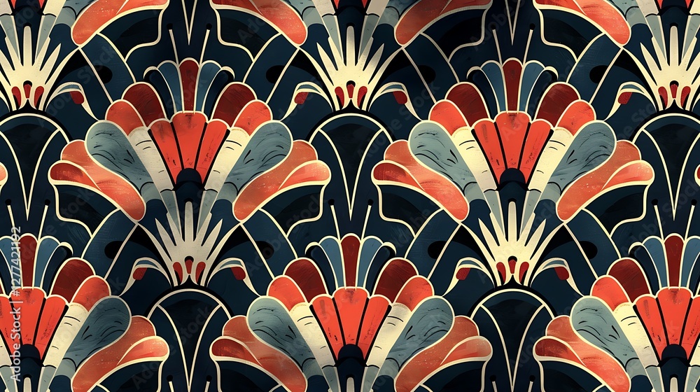 Elegant Art Deco Floral Pattern with Vibrant Red and Cream Colors on Dark Background Elegant Art Deco Floral Pattern with Vibrant Red and Cream Colors on Dark Background