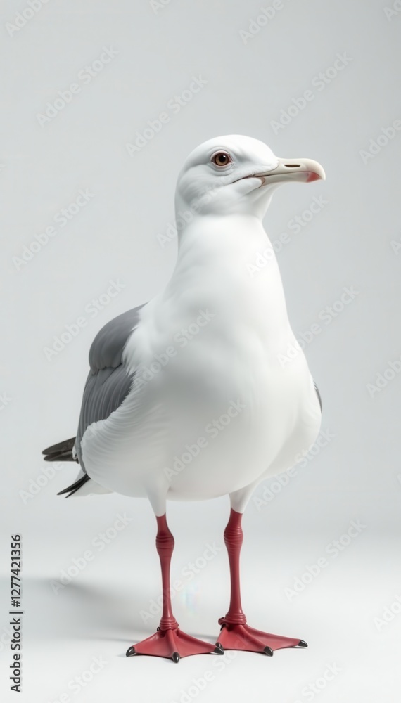 Single seagull perched, wings folded, white background, element, serene Single seagull perched, wings folded, white background, element, serene