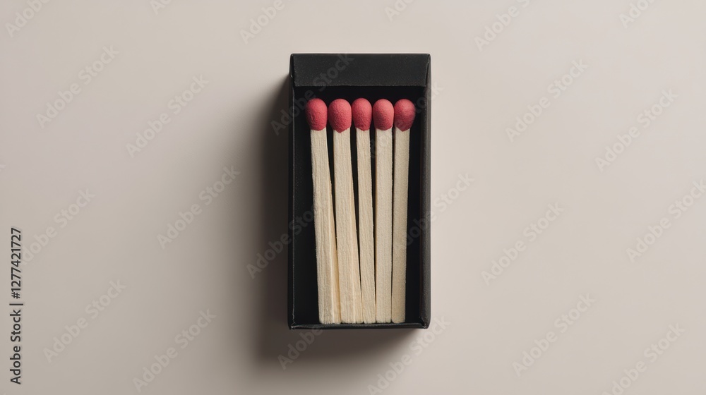 Minimalist composition of open matchbox with five used matches on white background, showcasing sleek cardboard design and grayed heads. Minimalist composition of open matchbox with five used matches on white background, showcasing sleek cardboard design and grayed heads.