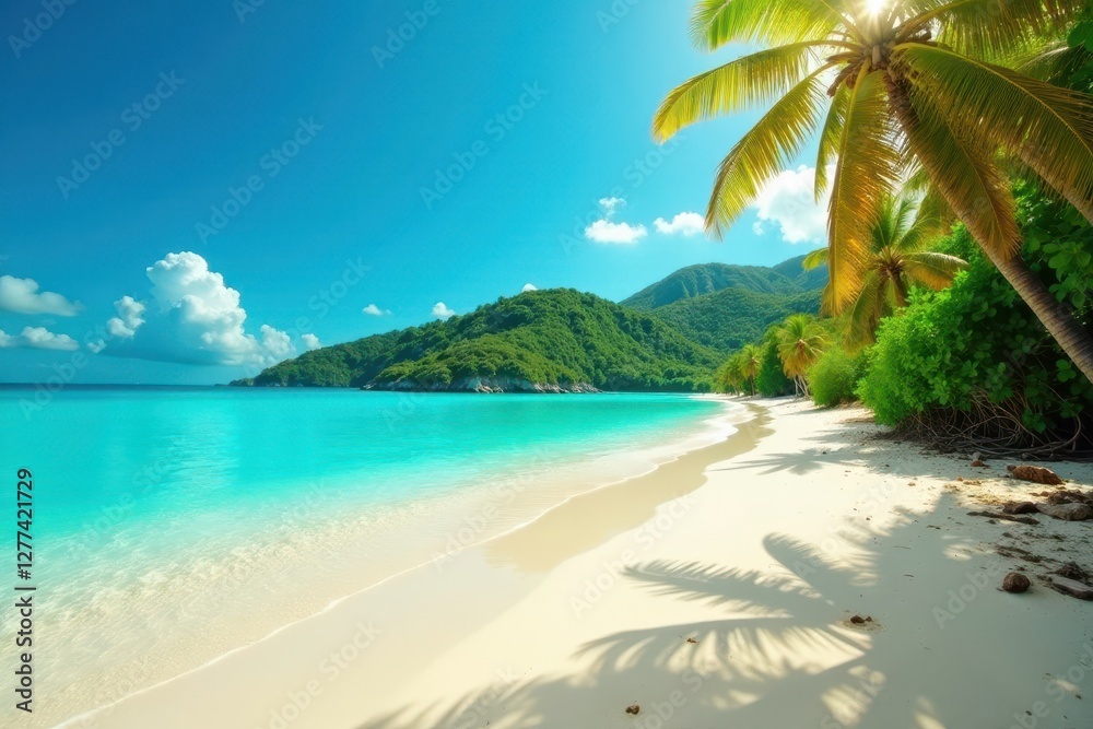 Obraz premium Sun-drenched sand, turquoise water, lush island backdrop, summer, vibrant
