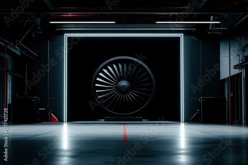 Industrial hangar interior with jet engine