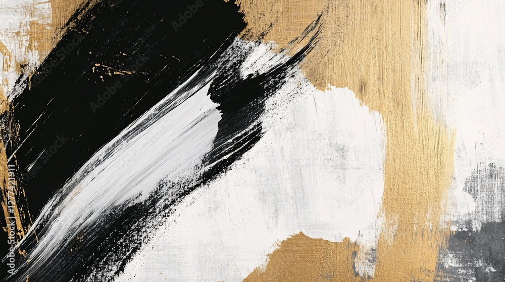 Abstract artwork featuring bold strokes of black white and gold paint texture Abstract artwork featuring bold strokes of black white and gold paint texture