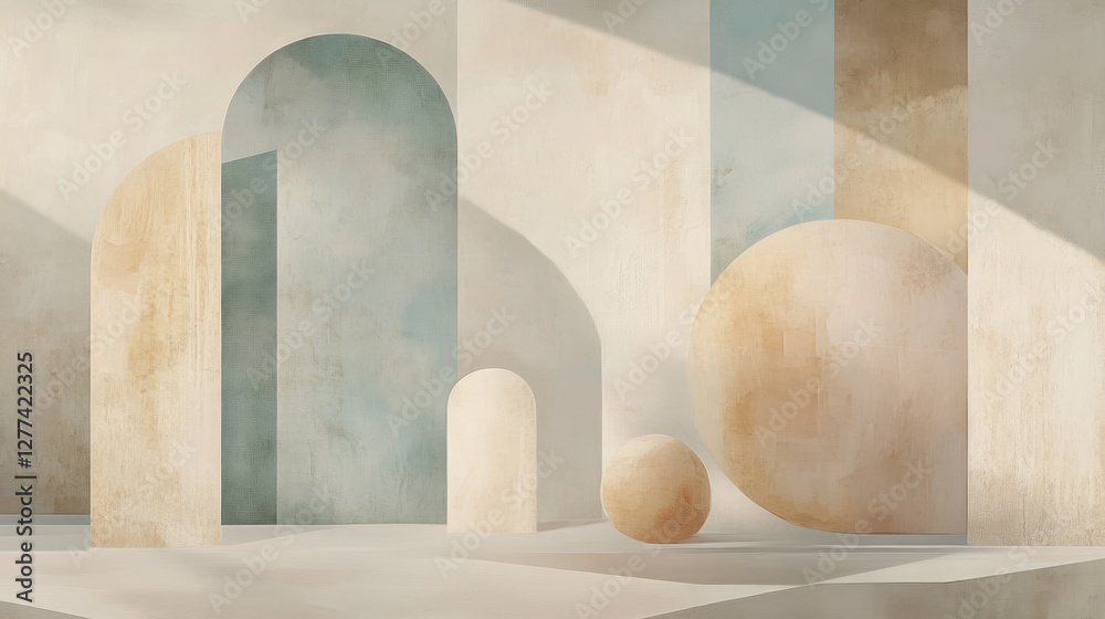 Fototapeta premium Abstract architectural interior with arches, spheres, and textured walls, bathed in soft sunlight.