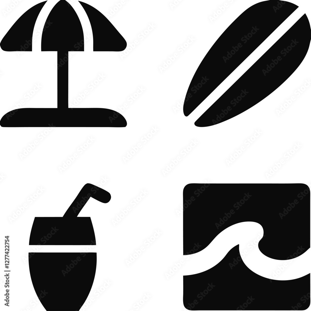Fototapeta premium Vacation symbols featuring a beach umbrella, surfboard, ocean waves, and a drink