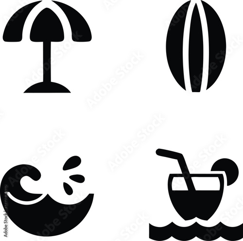 Vacation symbols featuring a beach umbrella, surfboard, ocean waves, and a drink