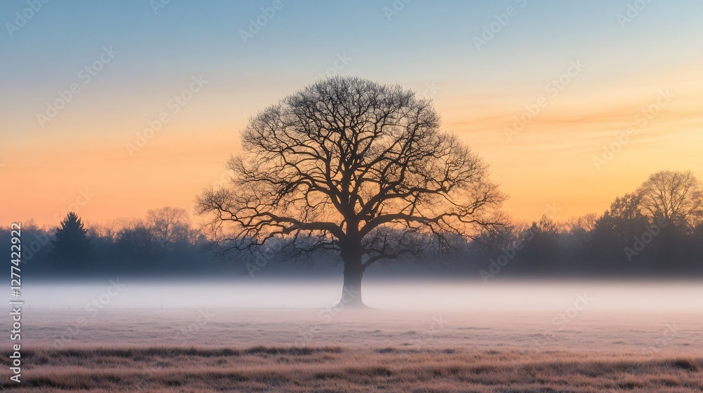 Solitary Tree Silhouette in Foggy Meadow at Sunrise Serene Landscape Solitary Tree Silhouette in Foggy Meadow at Sunrise Serene Landscape