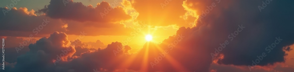 Fototapeta premium Golden sunrise bursts through dramatic cloudscape , picturesque, breathtaking