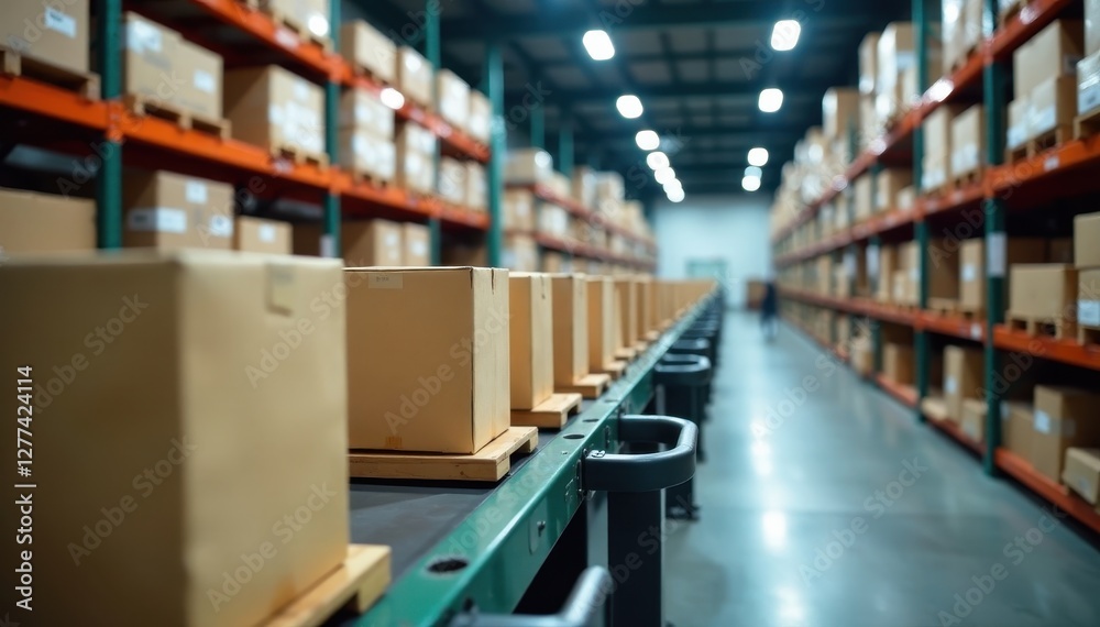 Fototapeta premium Automated warehouse conveyor system, stacked boxes, operation, industrial