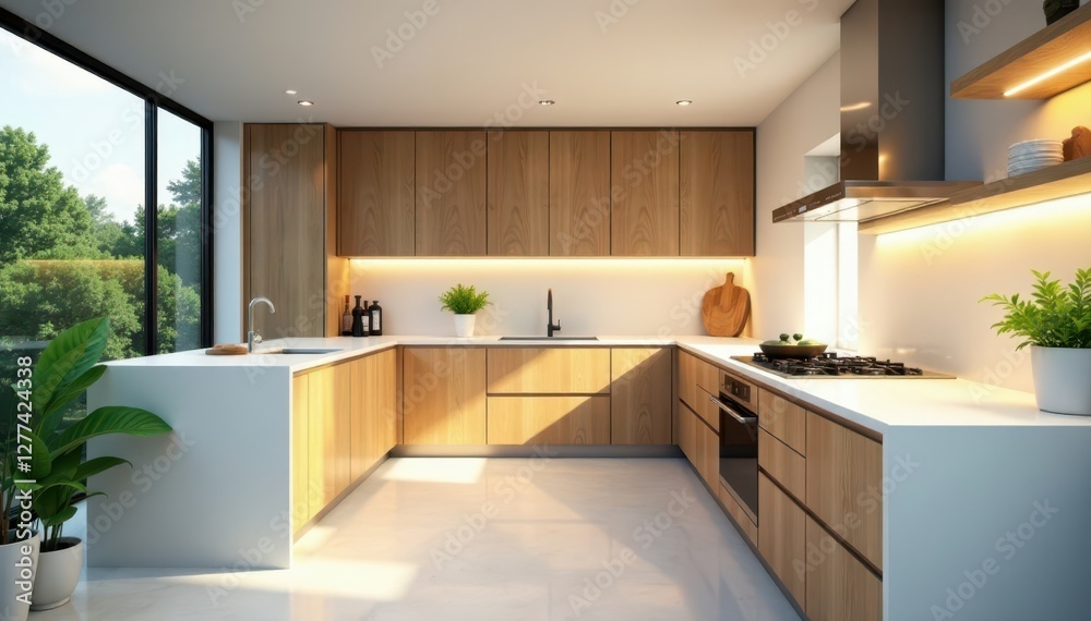 Fototapeta premium Spacious, bright kitchen with sleek countertops and modern appliances, clean, cooking area, contemporary