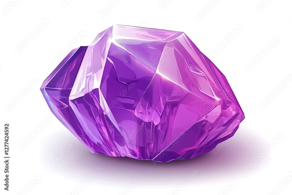 A shiny, faceted purple crystal with a translucent appearance. A shiny, faceted purple crystal with a translucent appearance.
