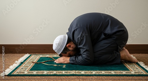 Man in prostration position during islamic prayer on a rug
