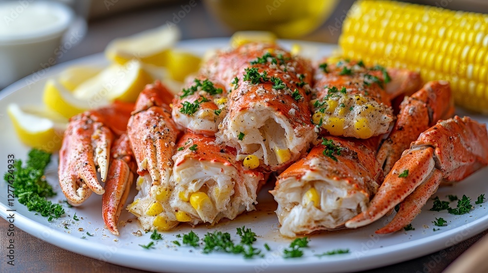 A delicious seafood platter featuring crab claws, corn, and lemon wedges. A delicious seafood platter featuring crab claws, corn, and lemon wedges.