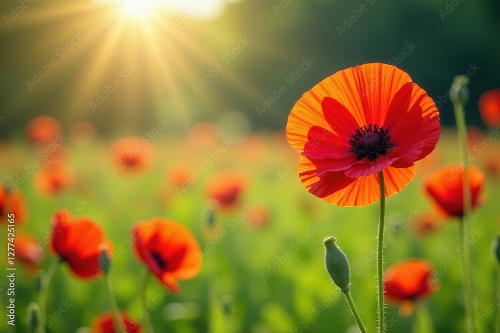 Fototapeta premium Vibrant red poppies bloom in a sun-drenched summer meadow , sunlight, day