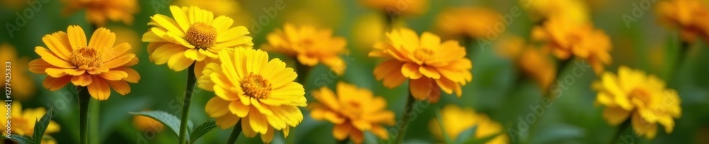 Vibrant yellow terry zinnias bloom in a garden bed , yellow, soft focus, summer Vibrant yellow terry zinnias bloom in a garden bed , yellow, soft focus, summer