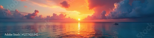 Vibrant hues paint Maldivian sunset, ocean calm , view, breathtaking, horizon