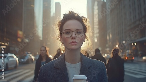 Woman in the City: Confident businesswoman navigating a bustling cityscape, clutching a coffee cup as she strides purposefully. Embracing her urban environment.