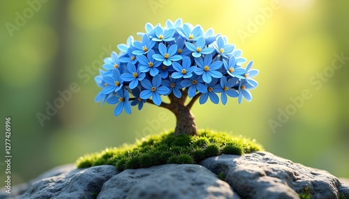 small tree with bright blue flowers growing on rocky surface, contrasting with green moss and warm glowing light, vibrant nature scene