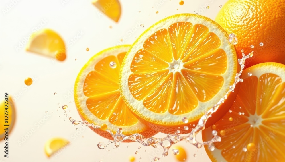 Juicy orange slices splashing in air, vibrant cutout , cutout, juicy