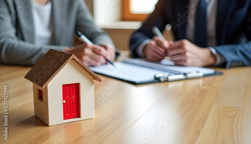 small model house with red door on wooden table, indicating property dealings, real estate or financial transactions, formal setting with business documents