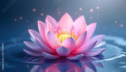 pink lotus flower in full bloom on calm water, reflecting a serene and mystical scene with a glowing light and dark background