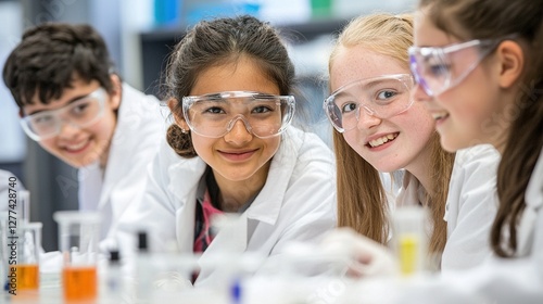Smiling Students in Lab Coats Doing Science Experiments