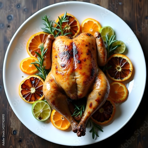 roasted whole chicken with citrus fruits and rosemary, appetizing display on a white plate, visually appealing culinary presentation