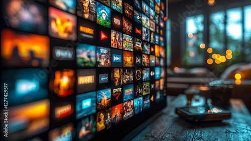 Smart TV streaming interface display in a cozy living room
